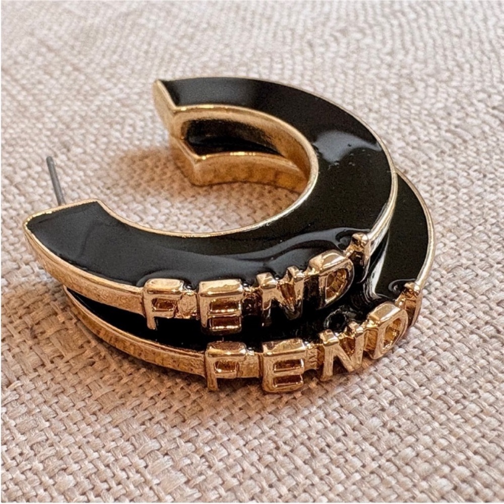 Fendi Black Enamel Hoop Earrings with Gold Logo Trim - Picture 4 of 7